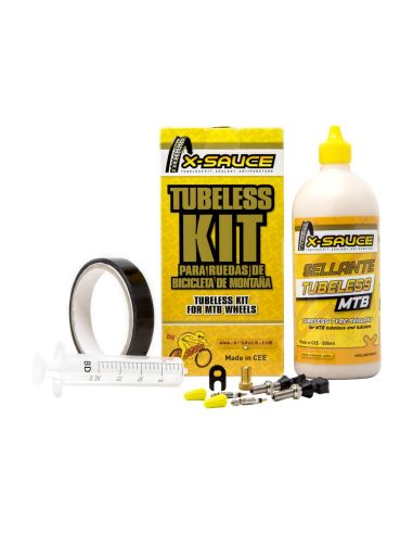 KIT TUBELESS MTB X-SAUCE  VÁLVULA FINA - CINTA NEGRA 27mm