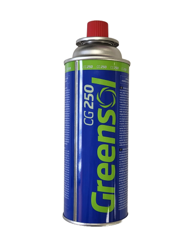 El pack de cartuchos Greensol 250 incluye 4 cartuchos de gas GLP tipo bayoneta de 227 gramos, fabric